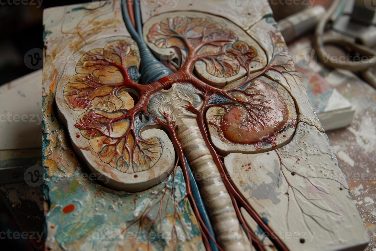 Anatomical model of kidneys showing blood vessels and ureters photo