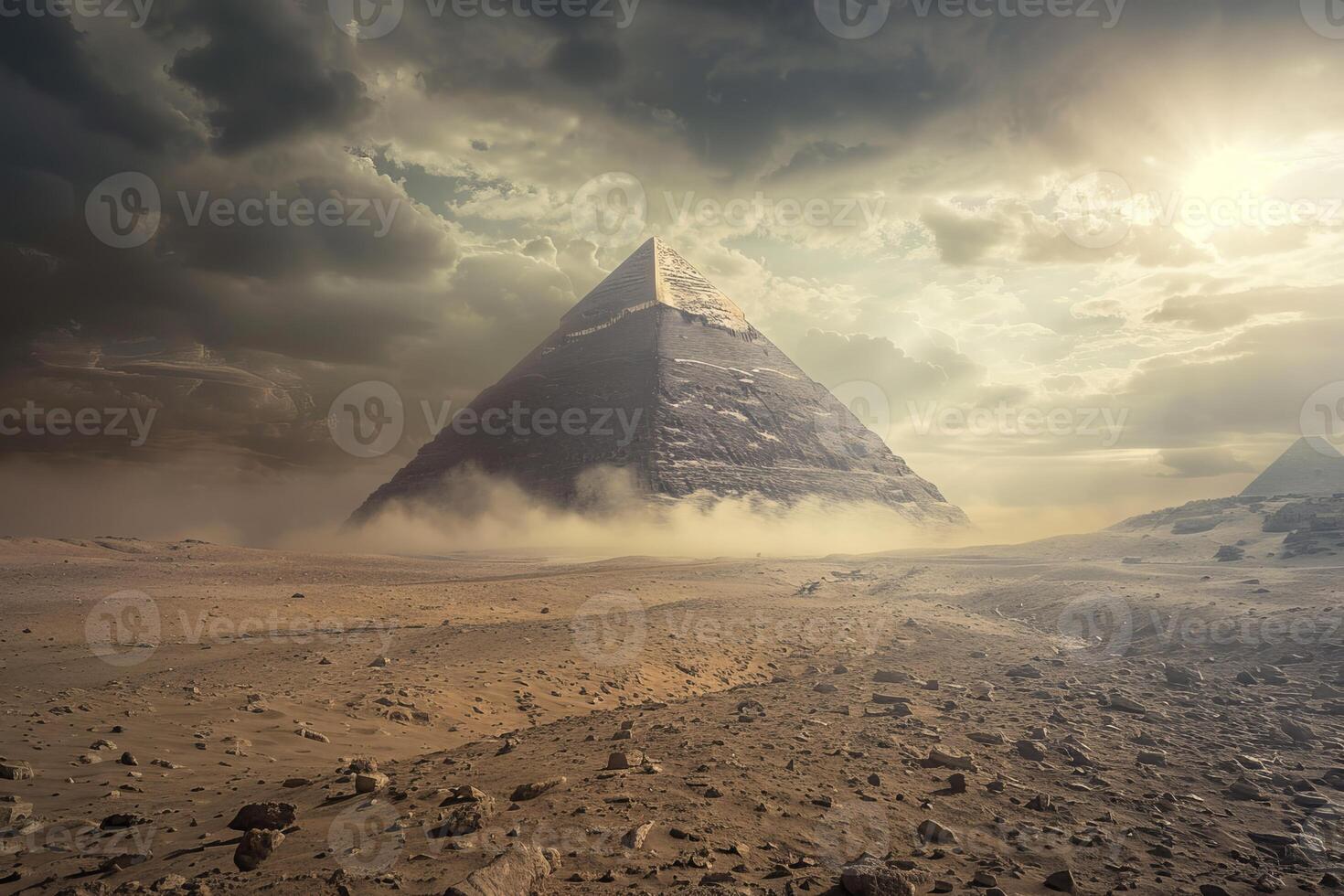 Sandstorm approaching ancient egyptian pyramid in the desert photo