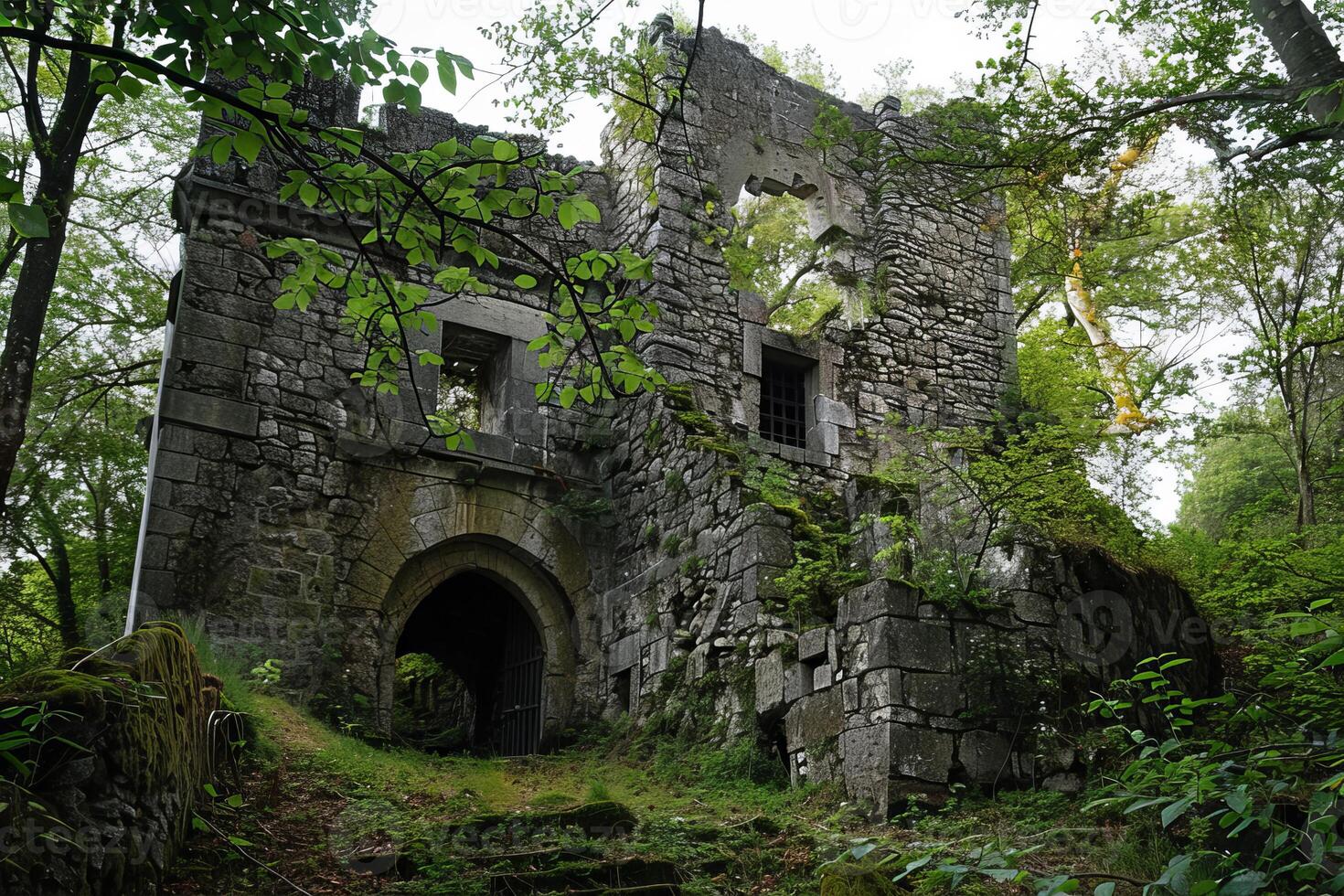 Ancient stone castle ruins being reclaimed by nature photo
