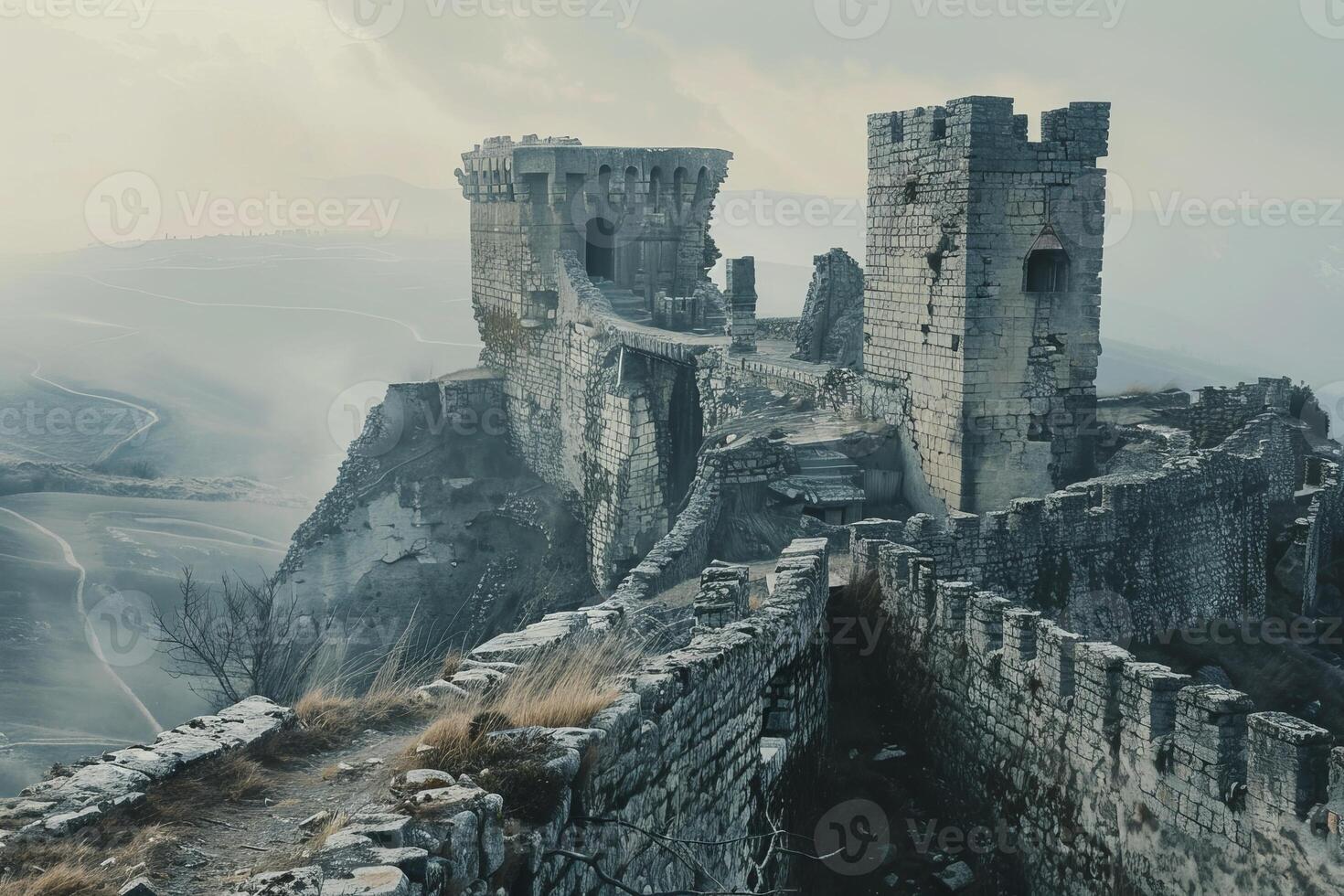 Ancient ruined stone walls of a medieval castle overlooking misty valley photo