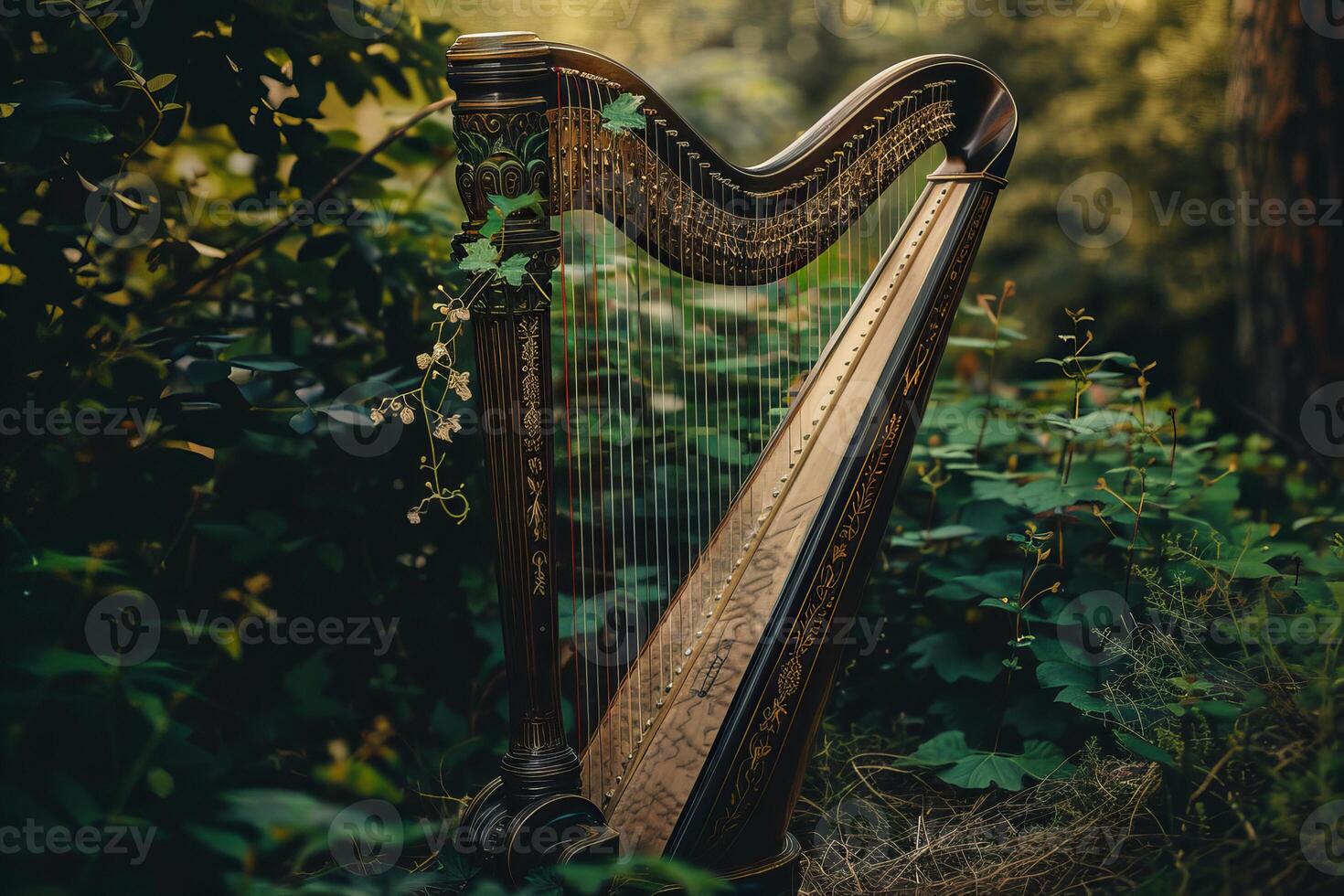 Elegant harp standing in a wild and green natural environment photo