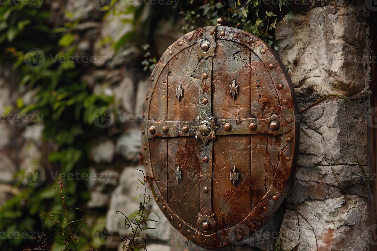 Ancient round metal shield with cross iron forging hanging on stone wall covered green moss photo
