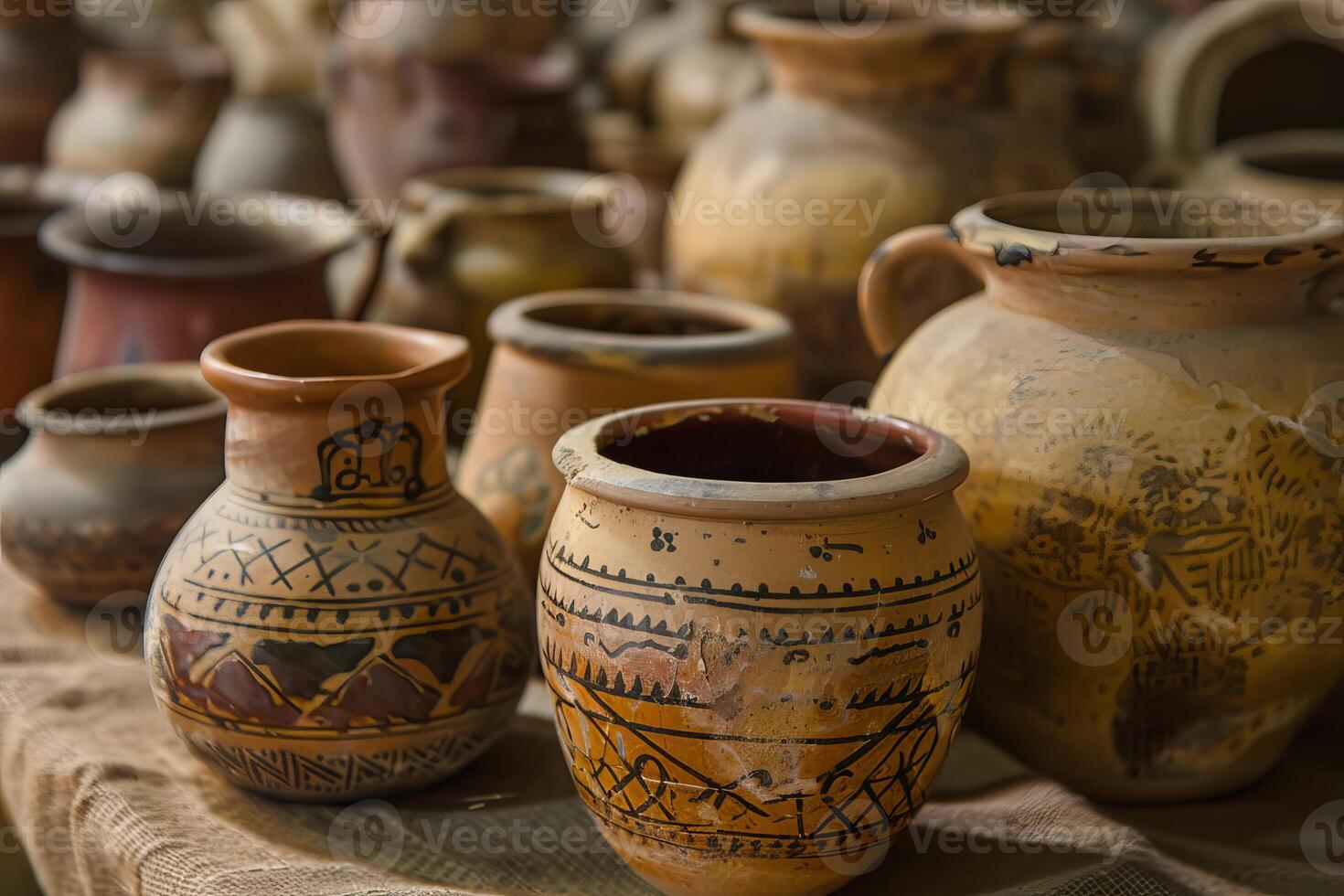 Ancient clay pots showing traditional decoration sitting on shelf photo