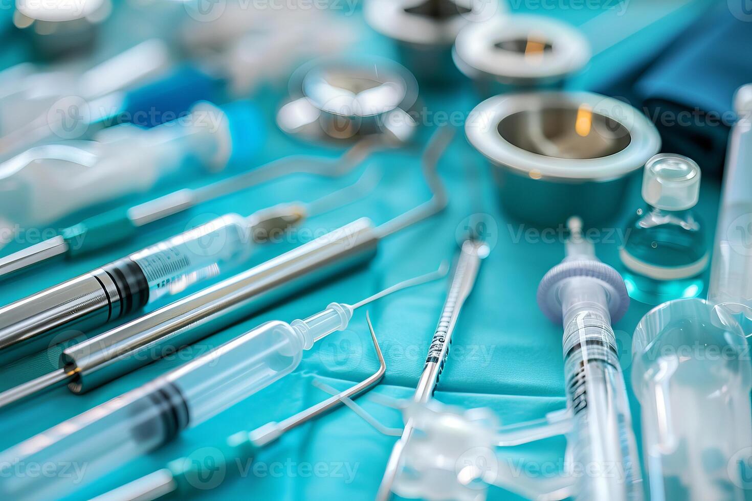 Medical equipment lying on surgical drapes in operating room photo