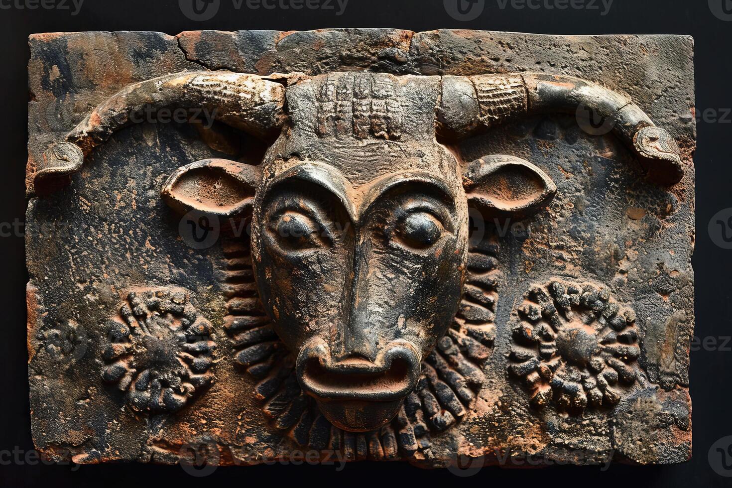 Ancient mesopotamian terracotta plaque depicting bull god head photo
