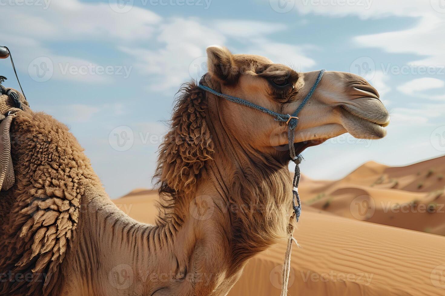 Camel wearing a bridle standing in the desert on a sunny day photo