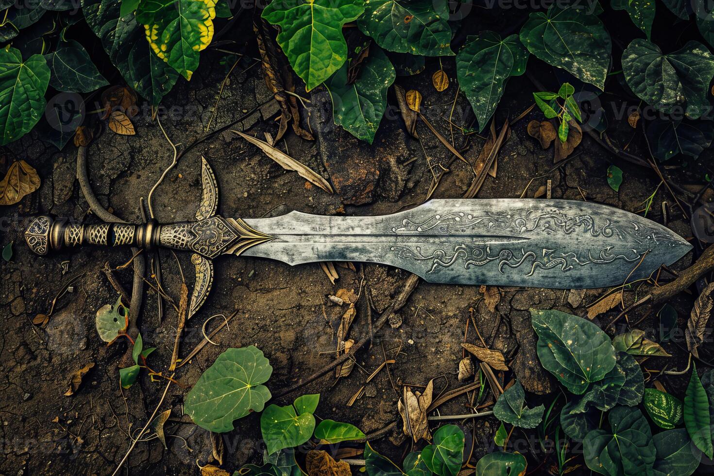 Ancient sword lying on the ground surrounded by vegetation photo