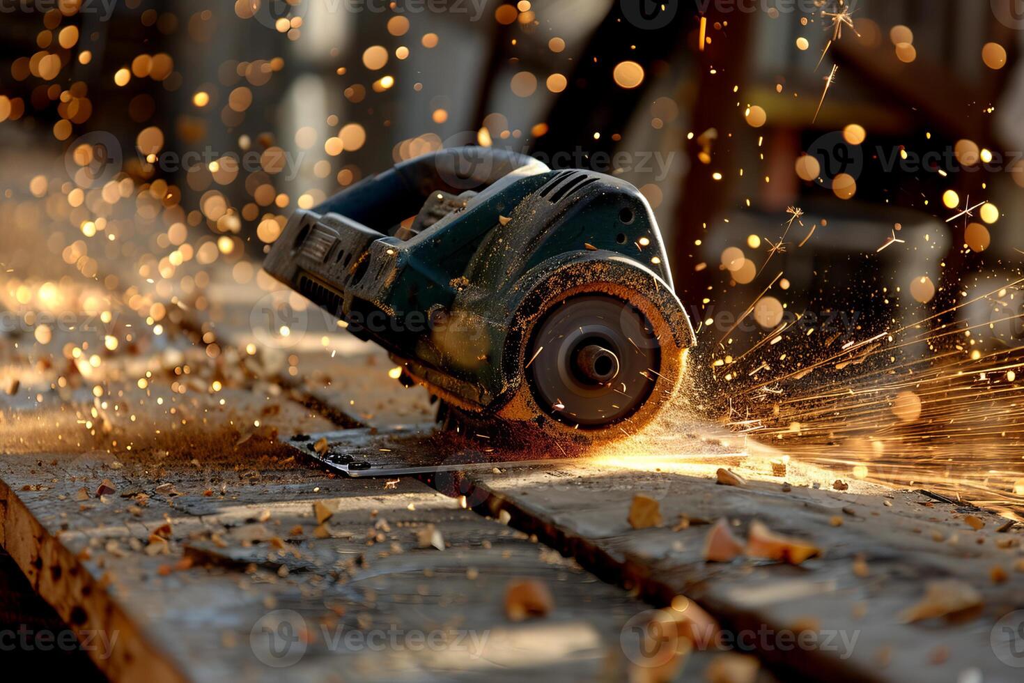 Angle grinder cutting metal and making sparks on construction site photo