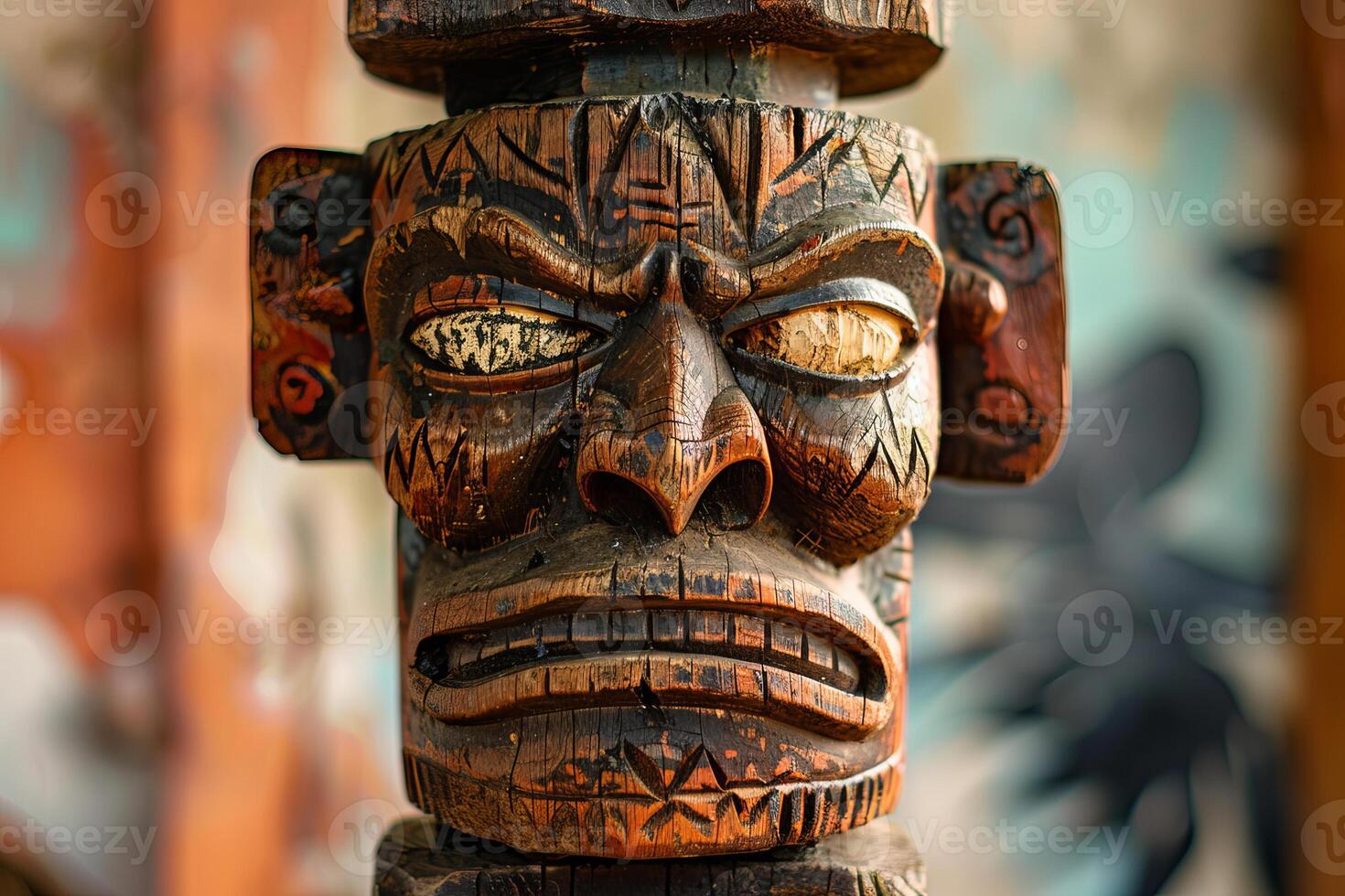 Carved wooden tiki statue depicting a polynesian deity with an angry expression photo