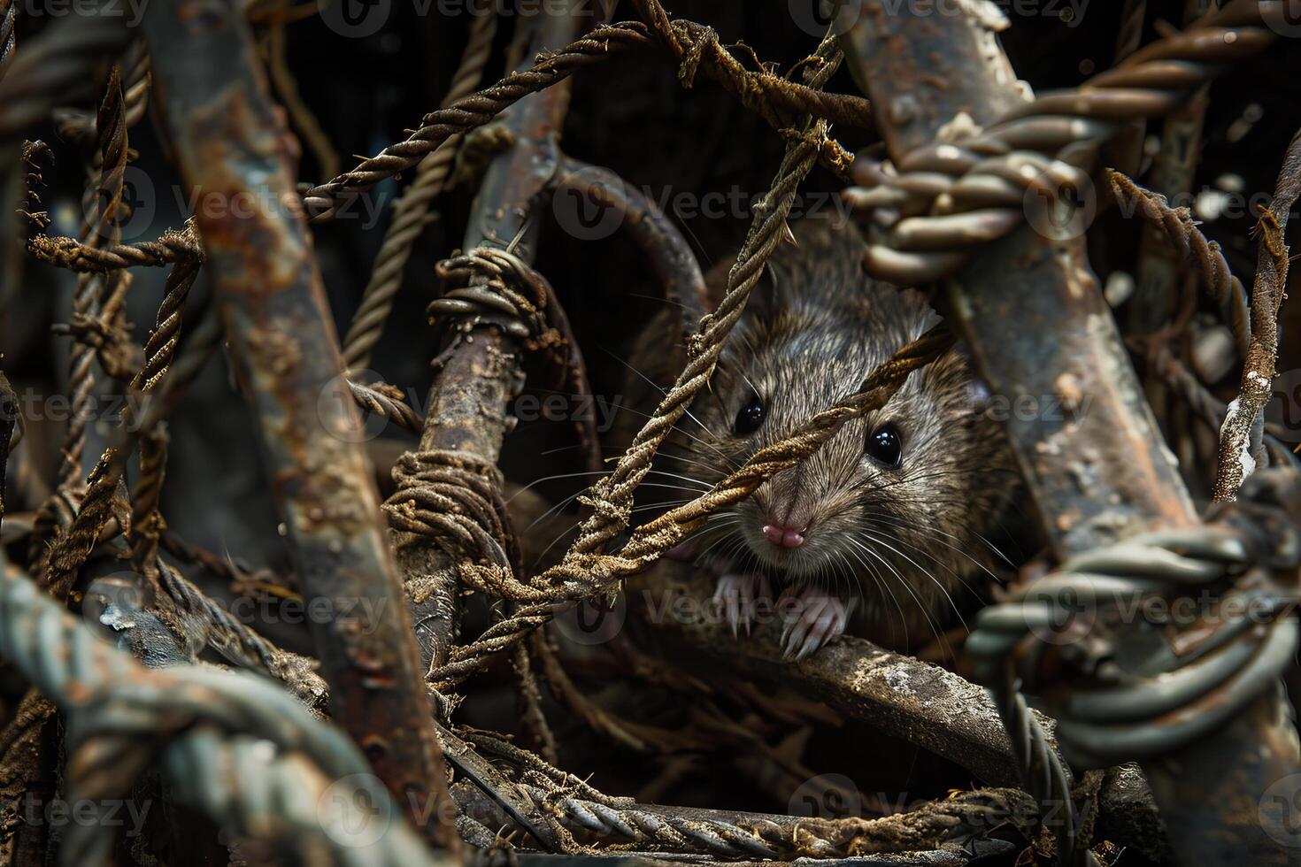 Wild rat hiding in a pile of rusty metal scrap photo