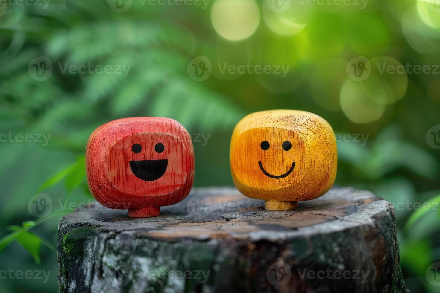 Two wooden toys with smiling faces resting on tree stump photo