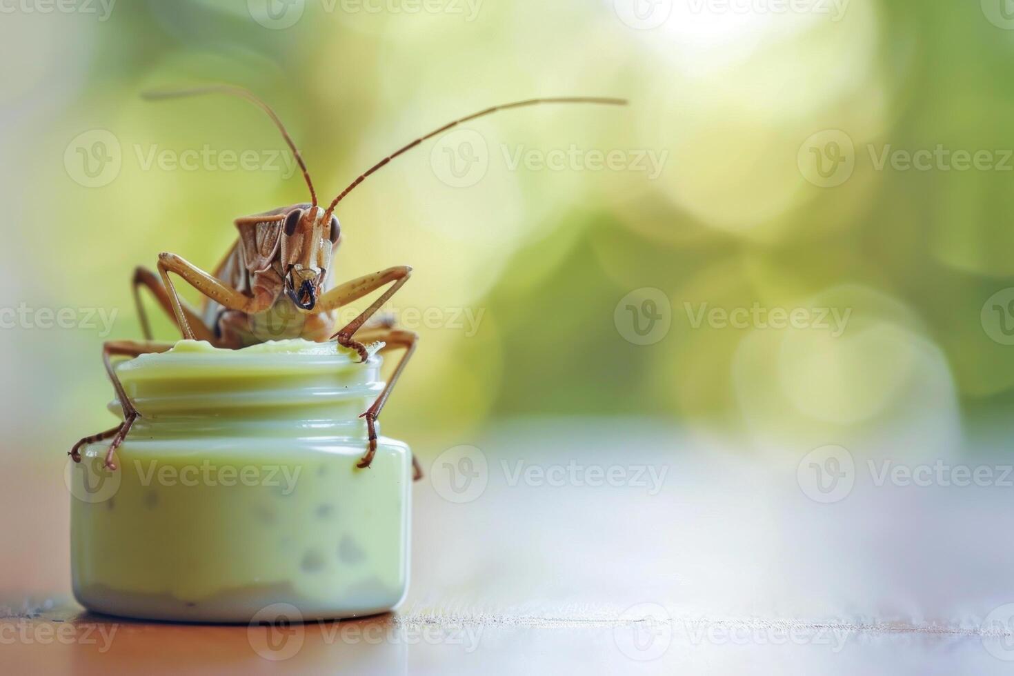 Large grasshopper eating organic insect cosmetic cream in a green blurred background photo