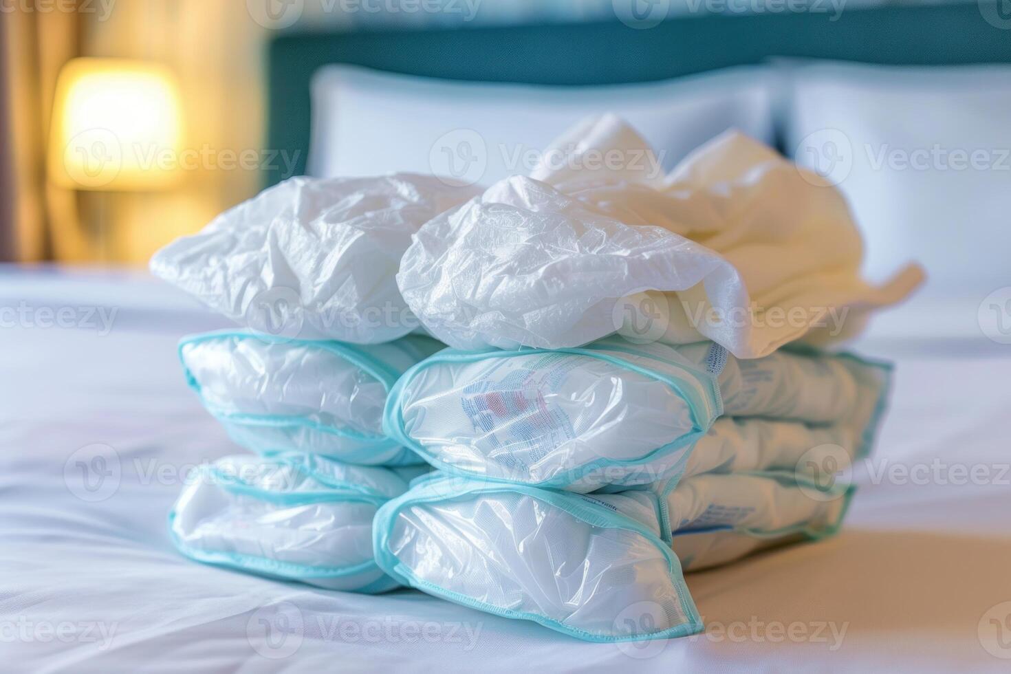 Pile of baby diapers and clothes compressed and packed in vacuum bags on bed photo