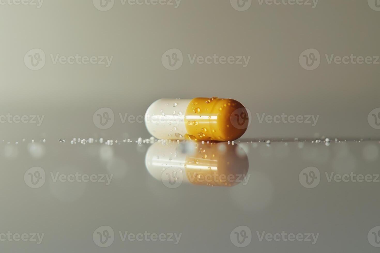 Yellow and white pill reflecting on surface with water droplets photo