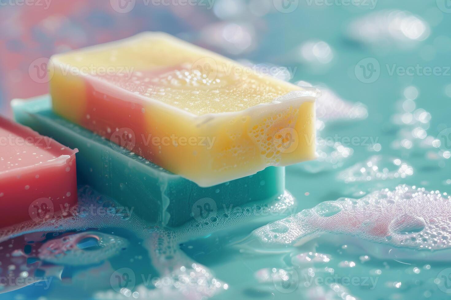 Colorful bars of soap covered in bubbles are sitting in water in a blue sink photo