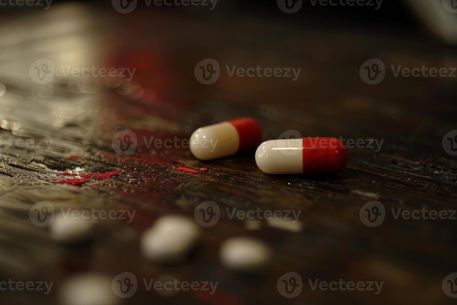Red and white pills lying on wooden tabletop photo