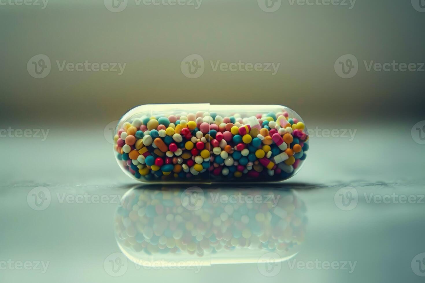Transparent pill capsule lying on reflective surface with colorful contents photo