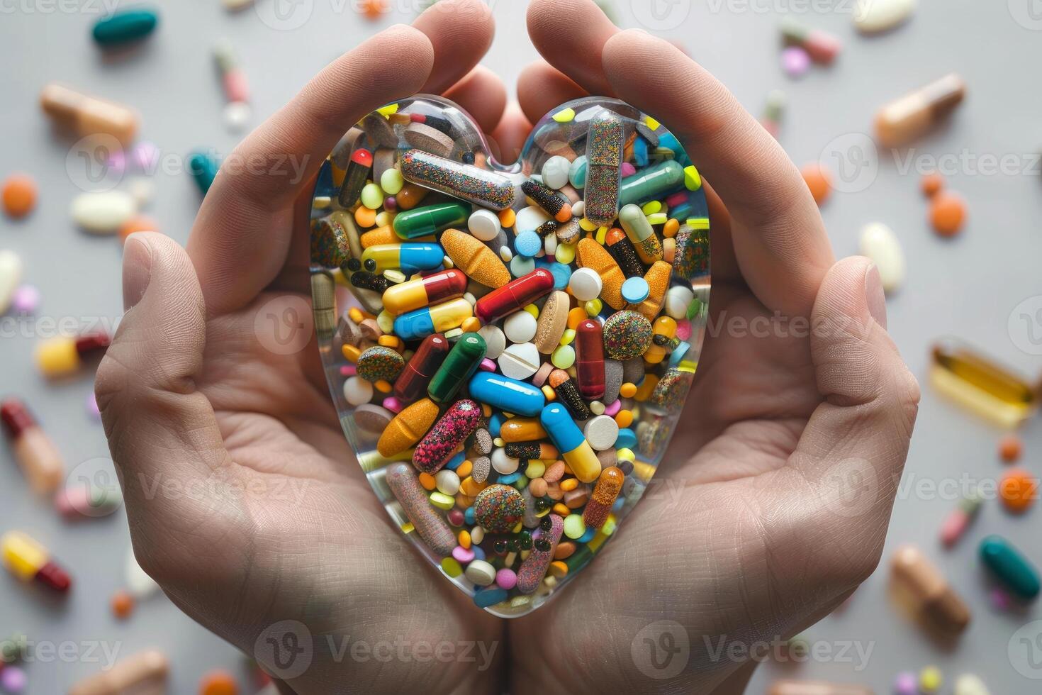 Doctor holding heart shaped container filled with colorful medicine pills photo