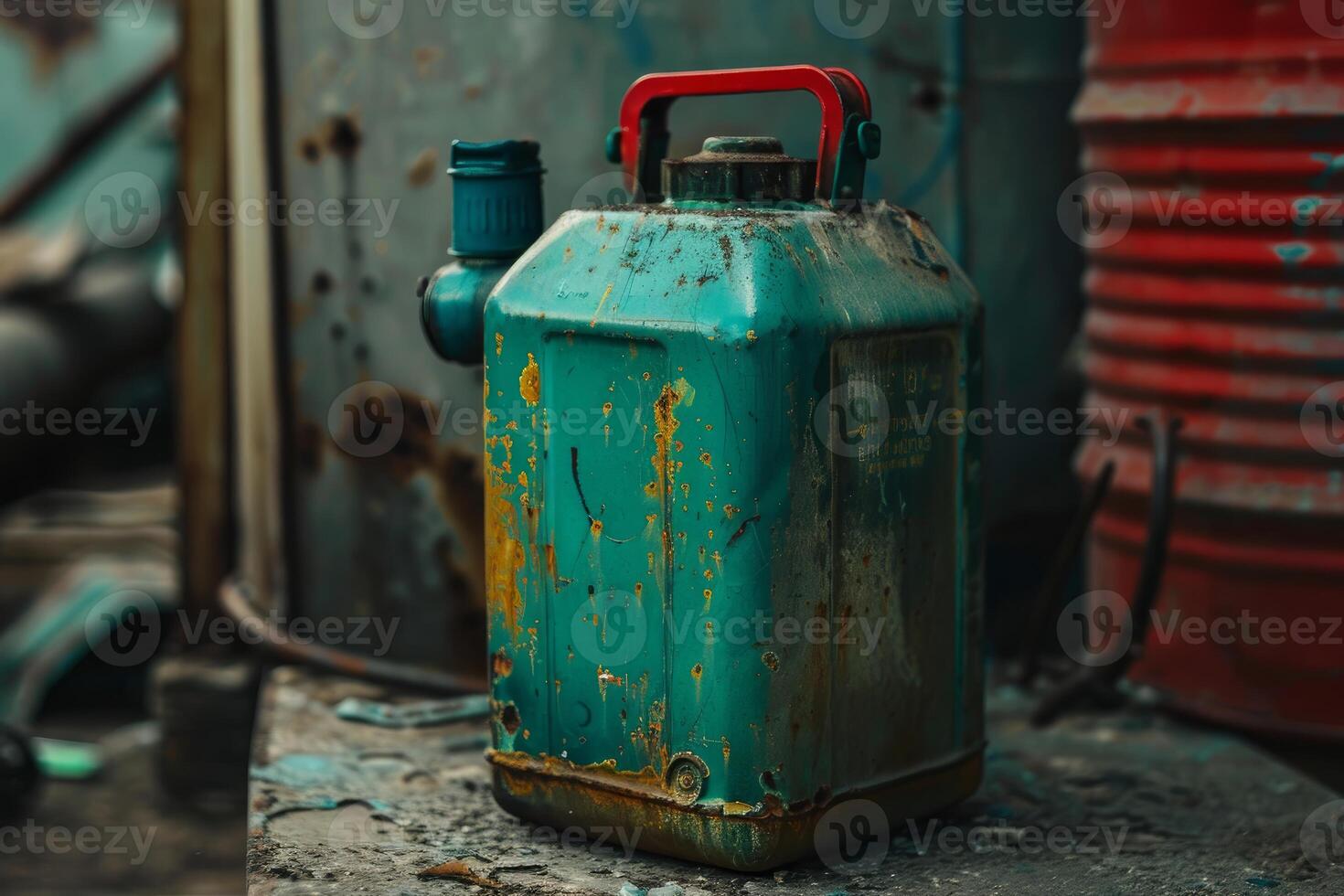 Old rusty green jerrycan standing on concrete surface photo