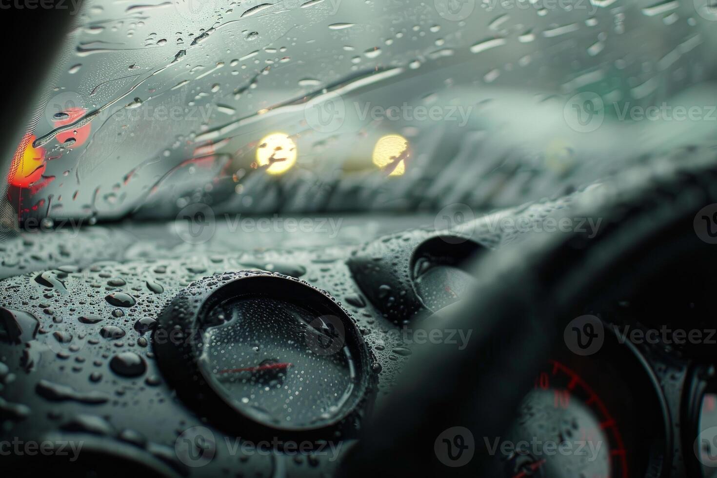 Car dashboard getting wet from rain while driving at night photo