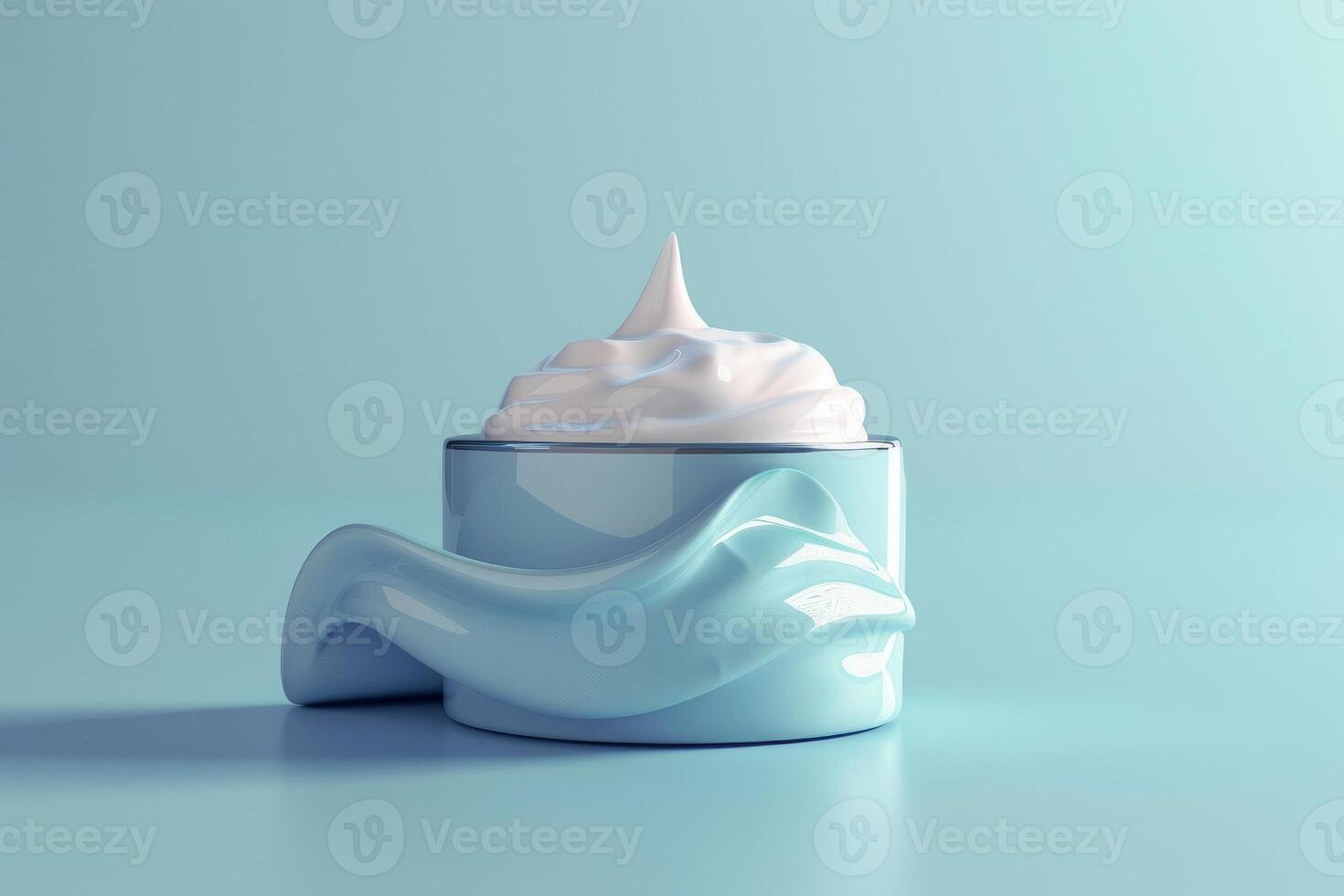 White cream overflowing from blue jar on pastel blue background photo
