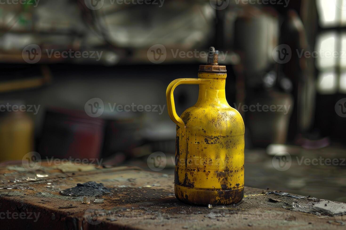 Old yellow bottle standing on dirty workbench in workshop photo
