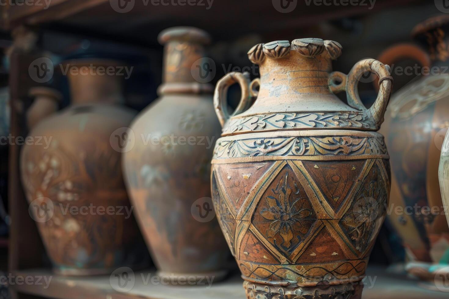 Ancient greek amphora standing on a wooden shelf with other pottery in the background photo