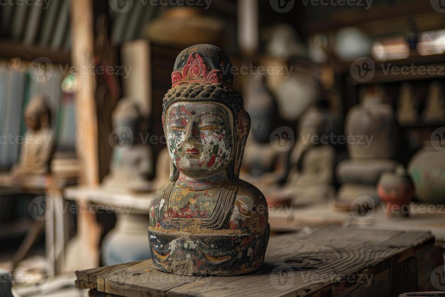 Old weathered buddha statue sitting on a shelf in an antique shop photo