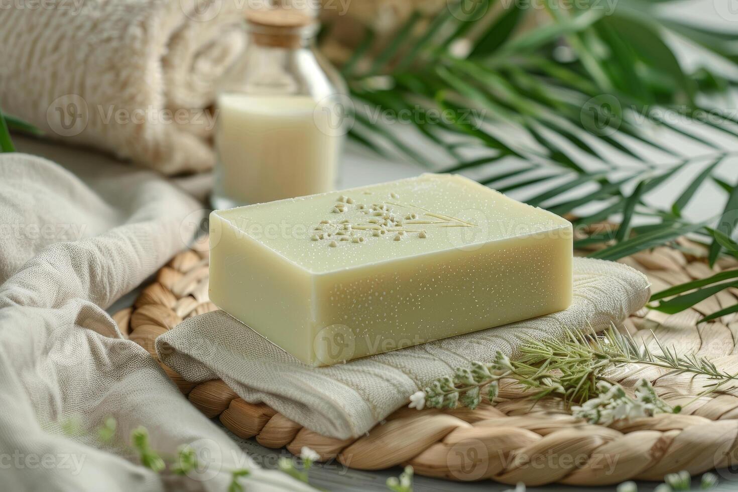 Natural handmade soap bar resting on wicker tray with green plants photo