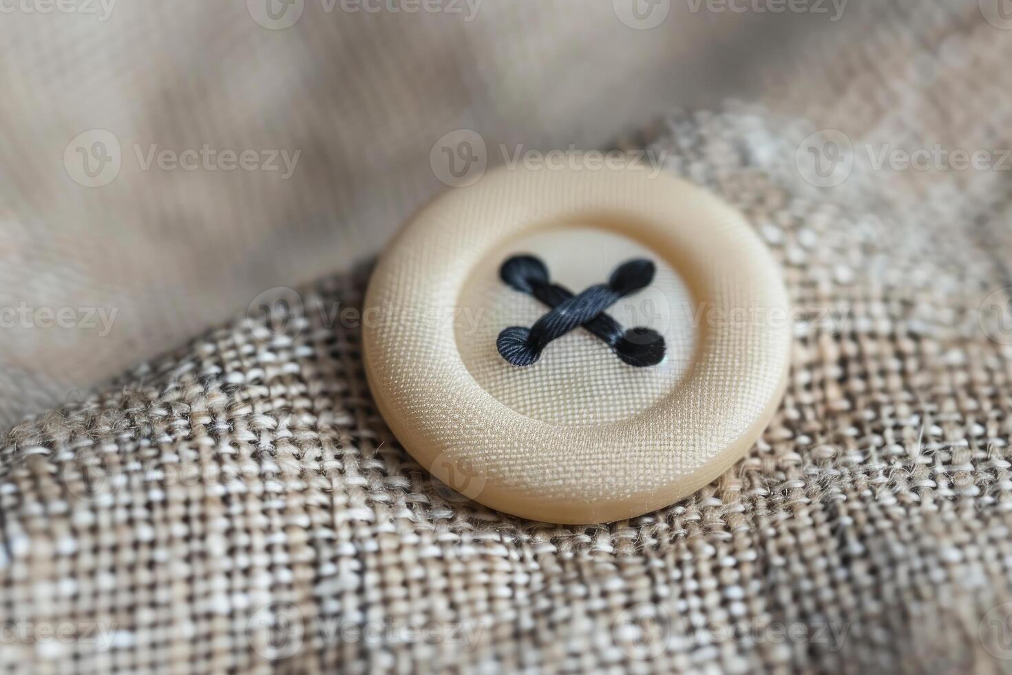 Beige button is sewn to light brown linen fabric with a needle, close up photo