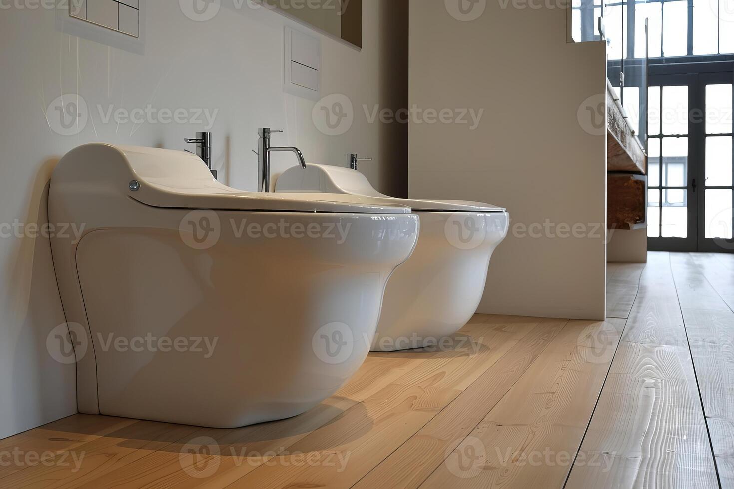 Modern toilet and bidet showing plumbing and wooden floor in upscale bathroom photo