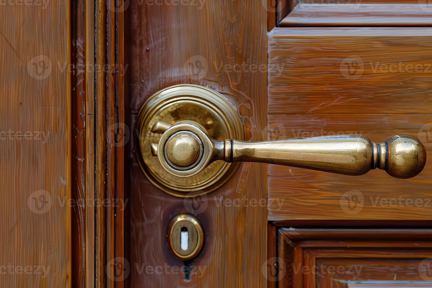 Old elegant golden door handle is decorating a wooden door photo
