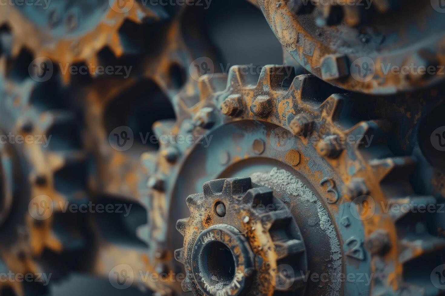 Rusty interlocking gears forming a wall of industrial power photo