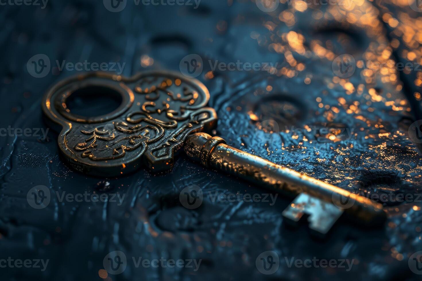Old ornate key resting on wet textured surface photo