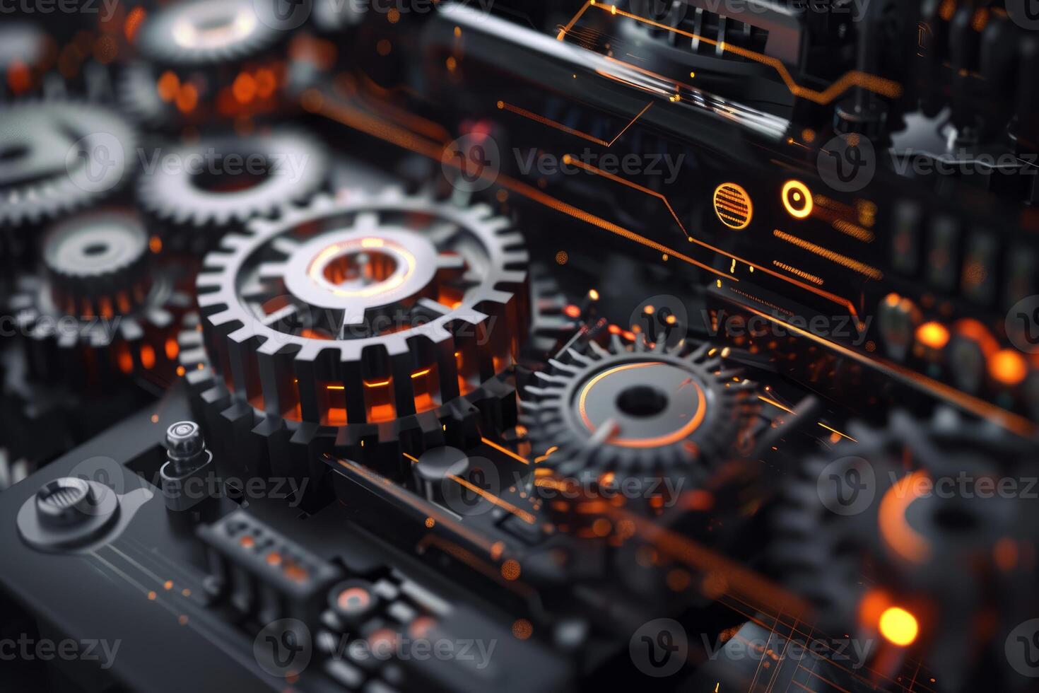 Complex mechanism with rotating gears and electronic circuits lighting up photo