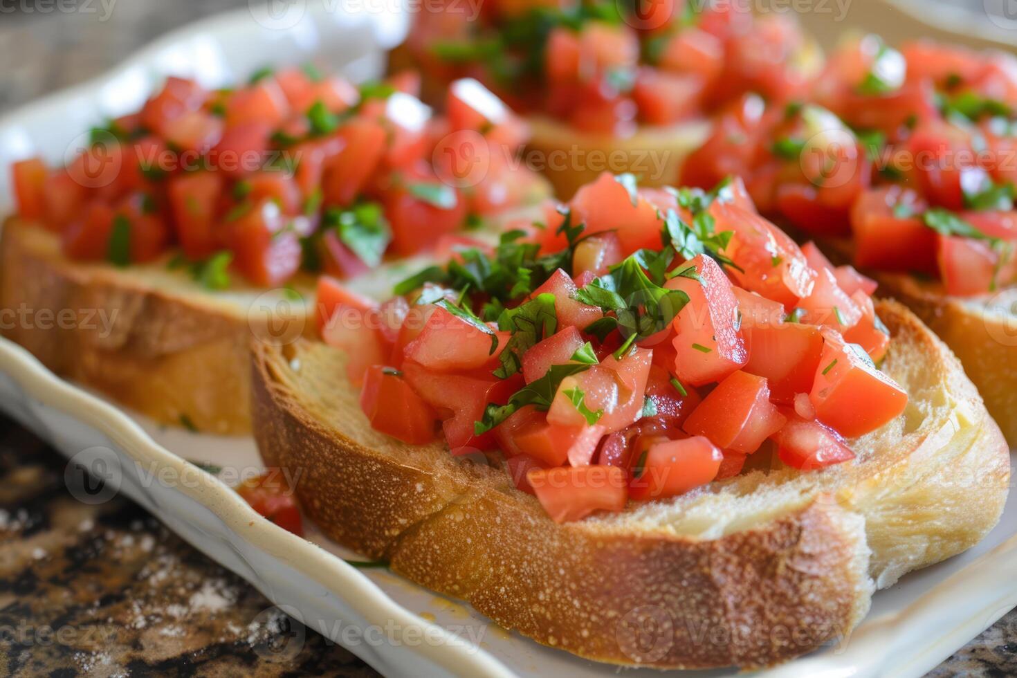 Delicious bruschetta with tomatoes and basil being prepared on a plate photo