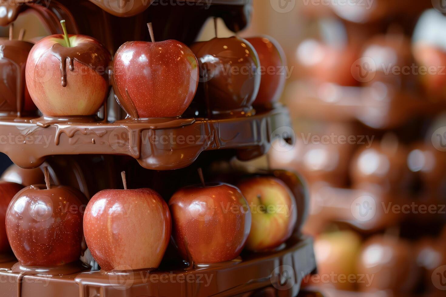 Chocolate fountain dripping on red apples on a dessert stand photo