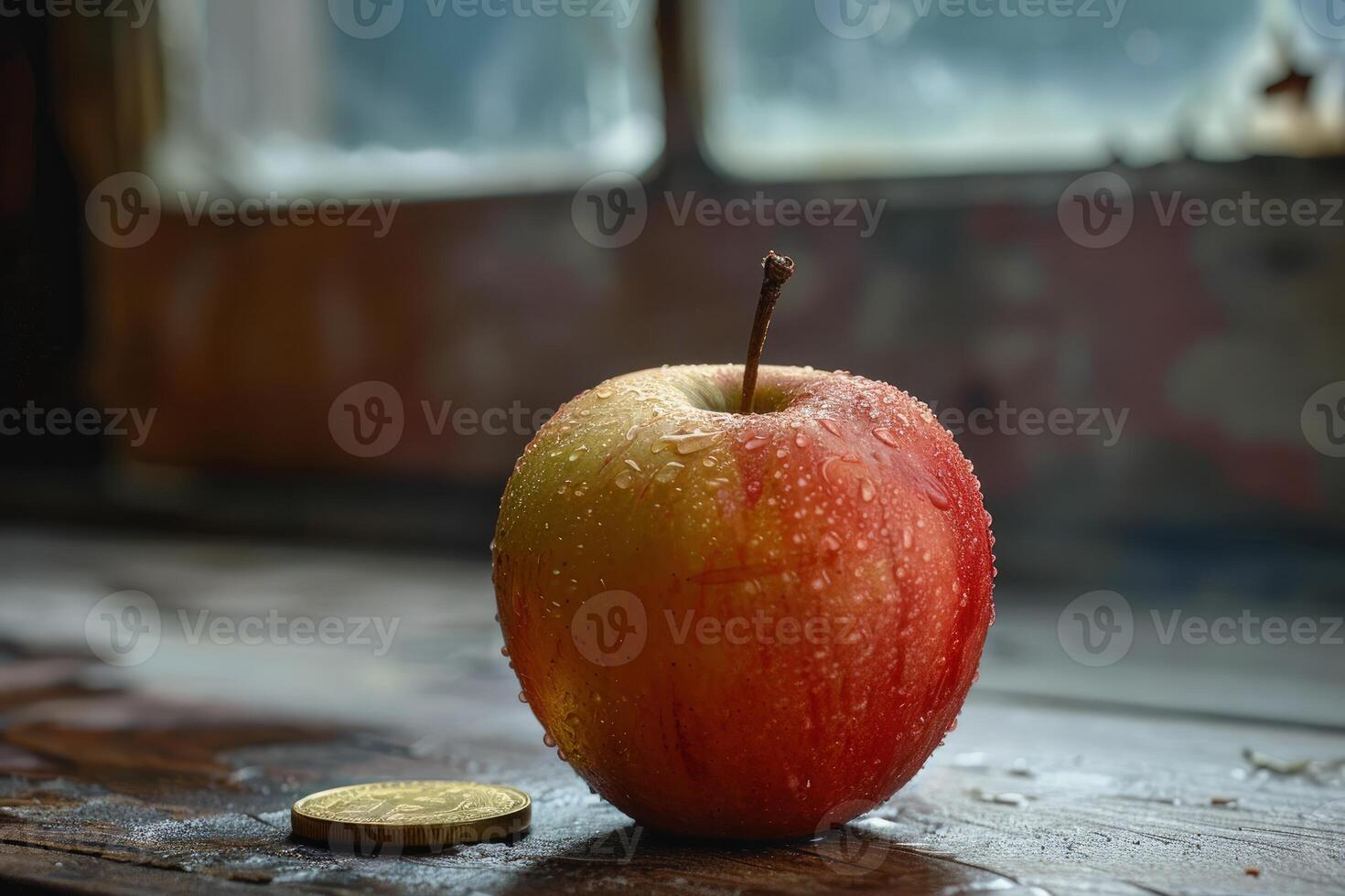 Fresh red apple covered with water drops and a coin symbolizing payment photo