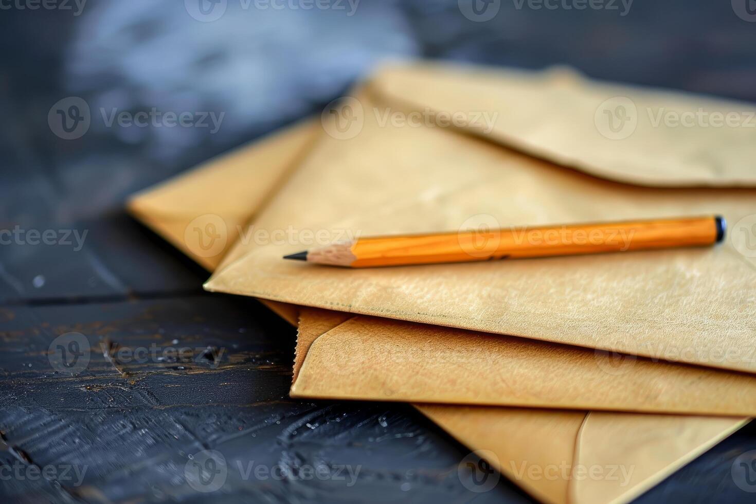 Classic pencil resting on stack of unopened envelopes on desk photo