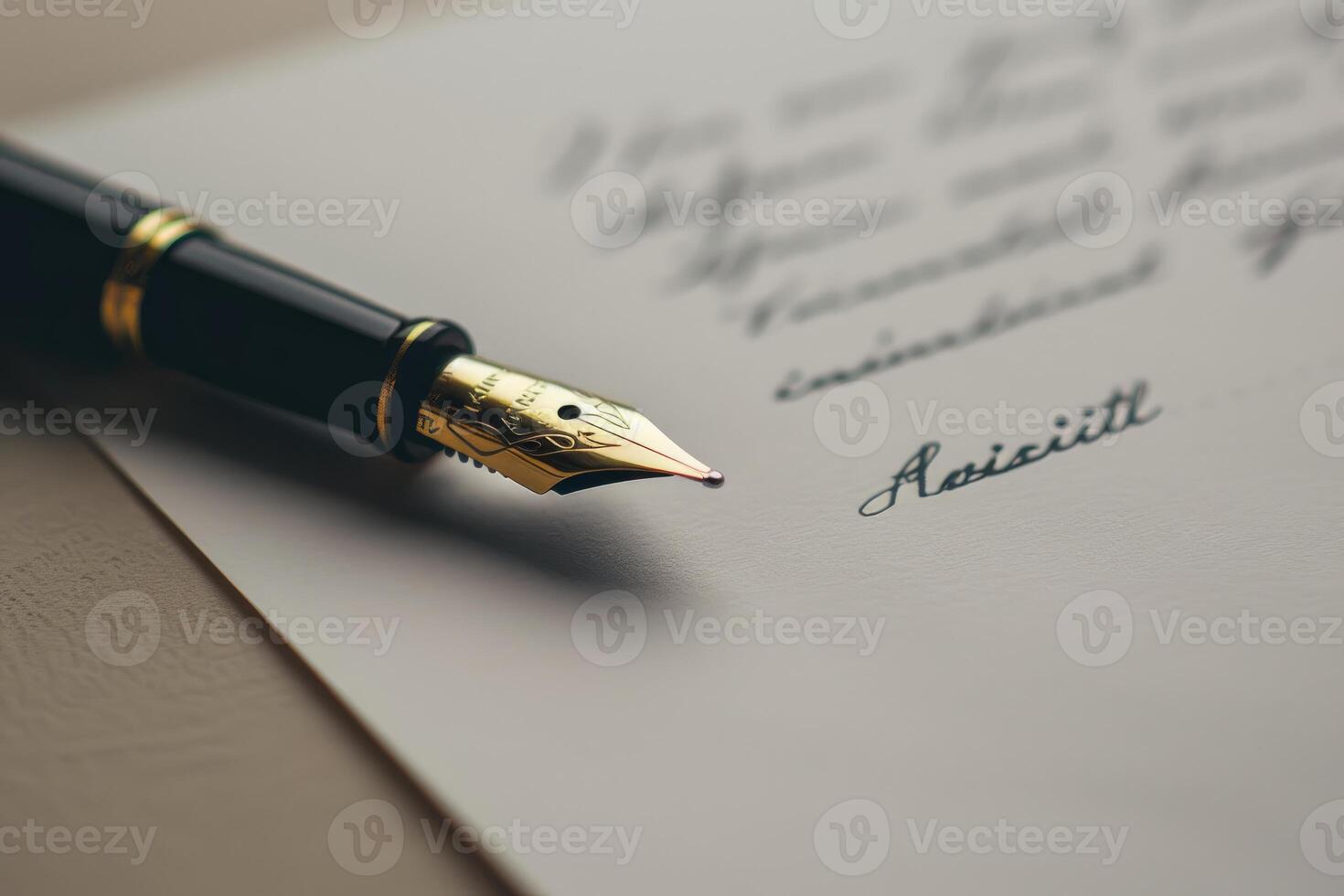 Elegant fountain pen resting on paper with cursive handwriting photo