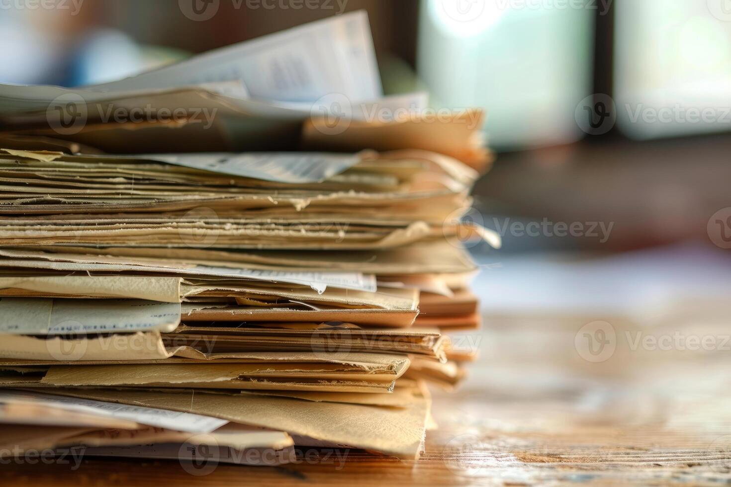 Stack of old paper files gathering dust on a desk photo