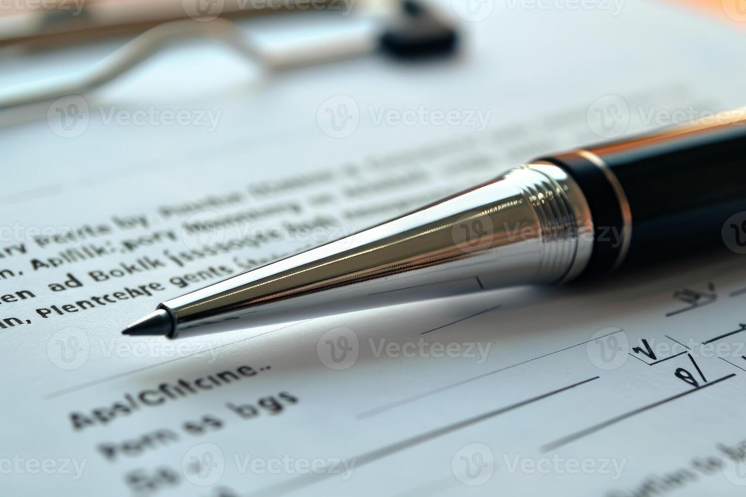 Elegant pen lying on a contract with a clipboard in the background photo