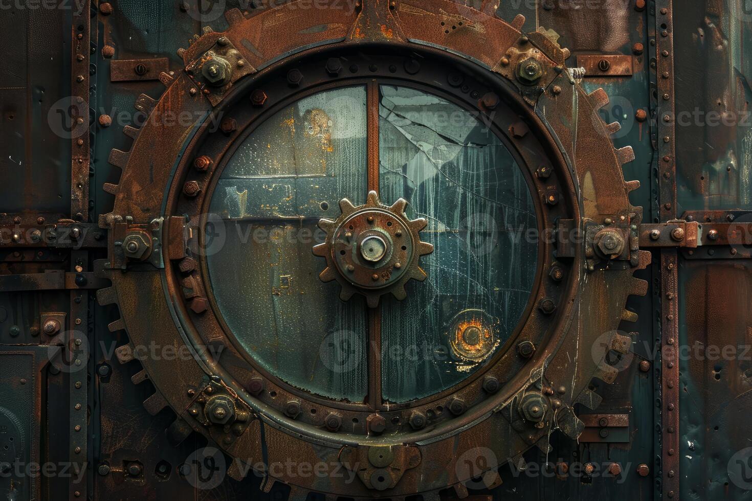 Old rusty industrial gear covering a broken window photo