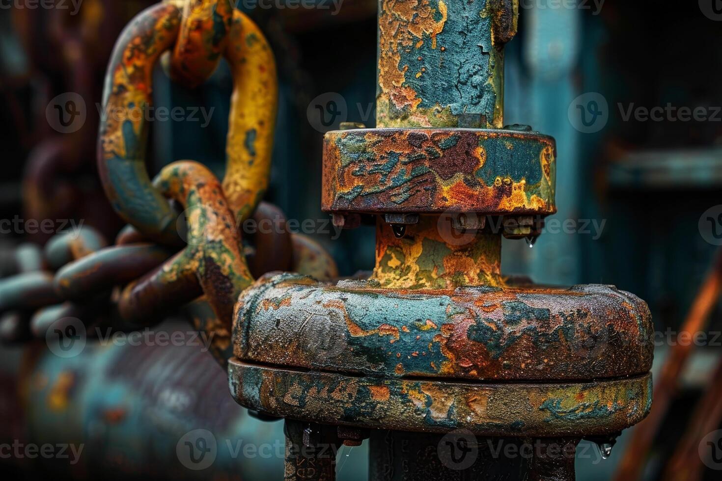 Rusty industrial valve dripping water with old chain hanging photo