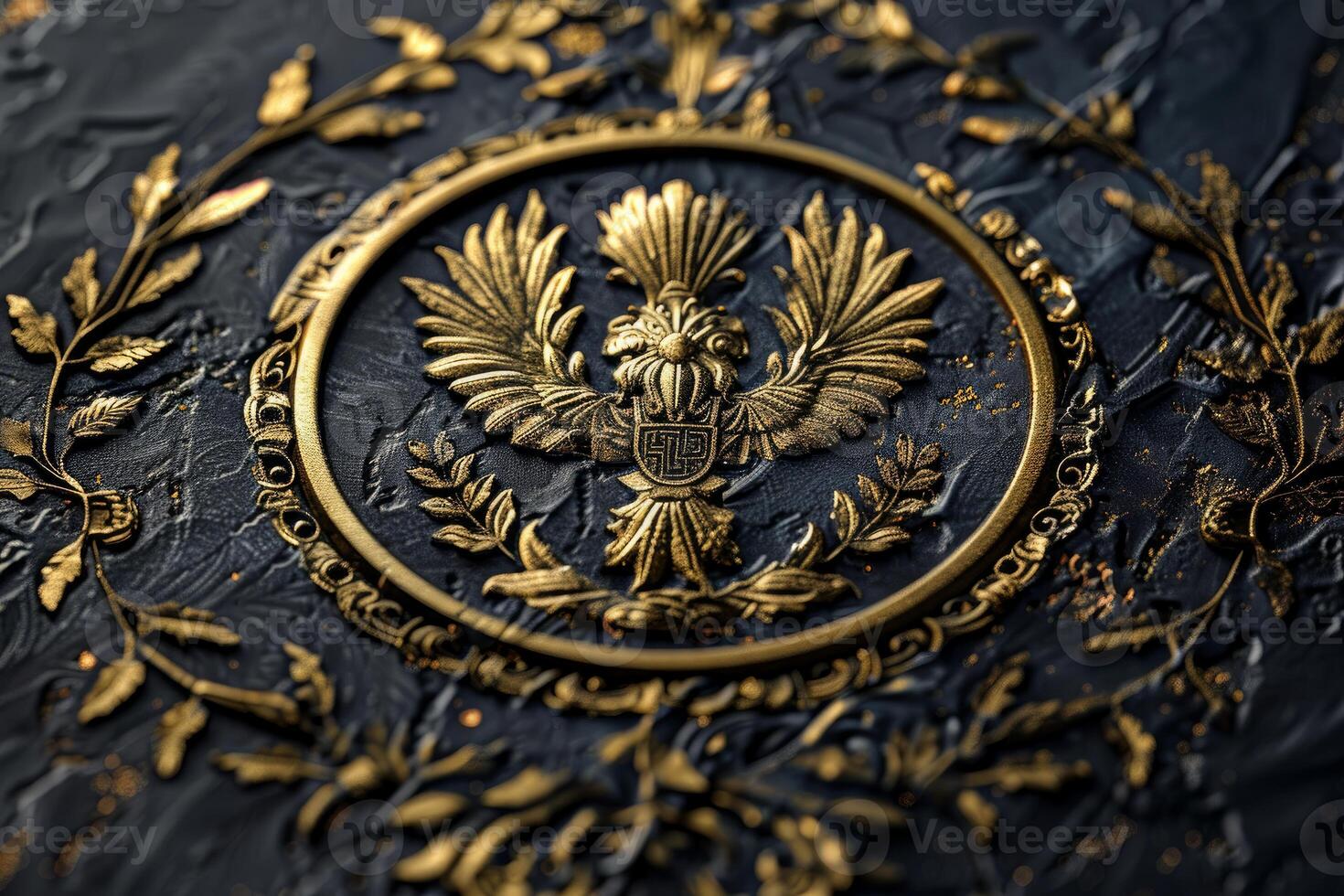 Golden eagle emblem embossed on textured surface with intricate floral pattern photo