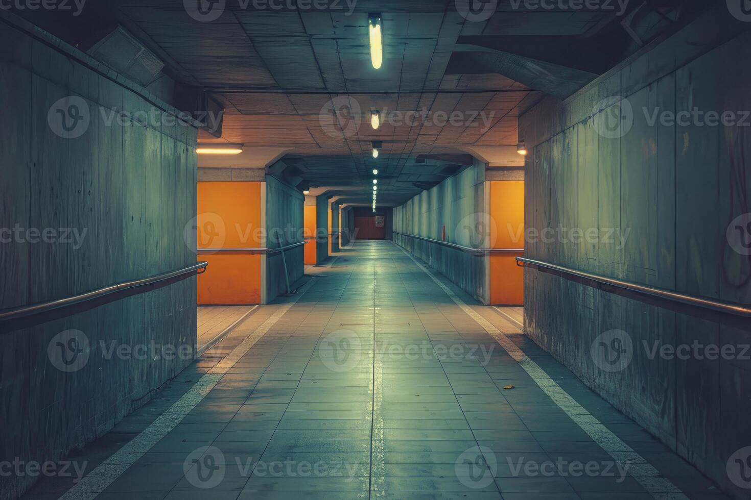 Empty subway tunnel corridor leading to the light photo
