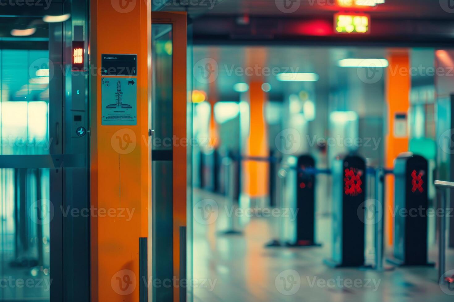 Elevator doors opening to empty airport terminal with security checkpoint photo