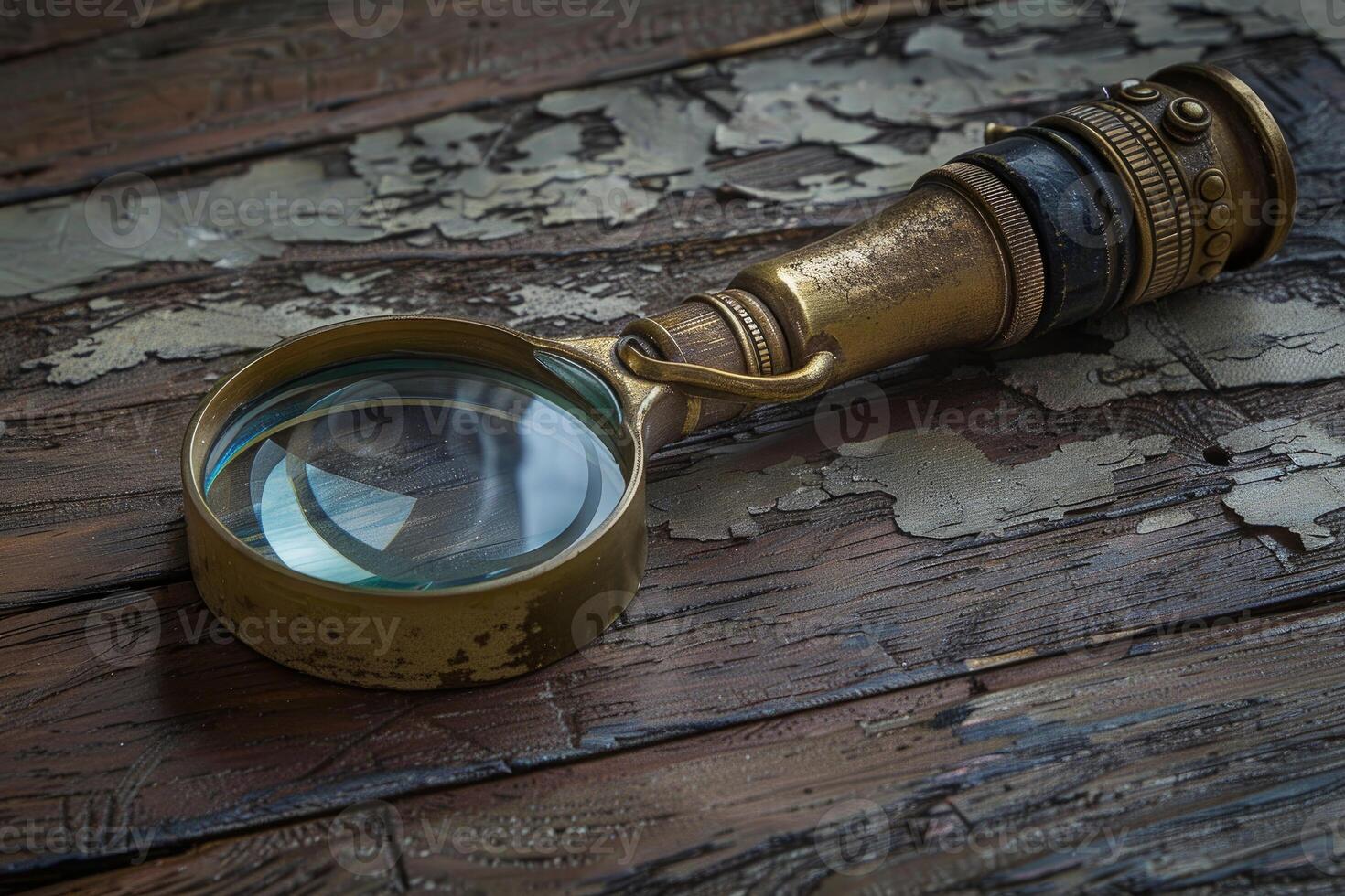 Vintage magnifying glass resting on rustic wooden table photo