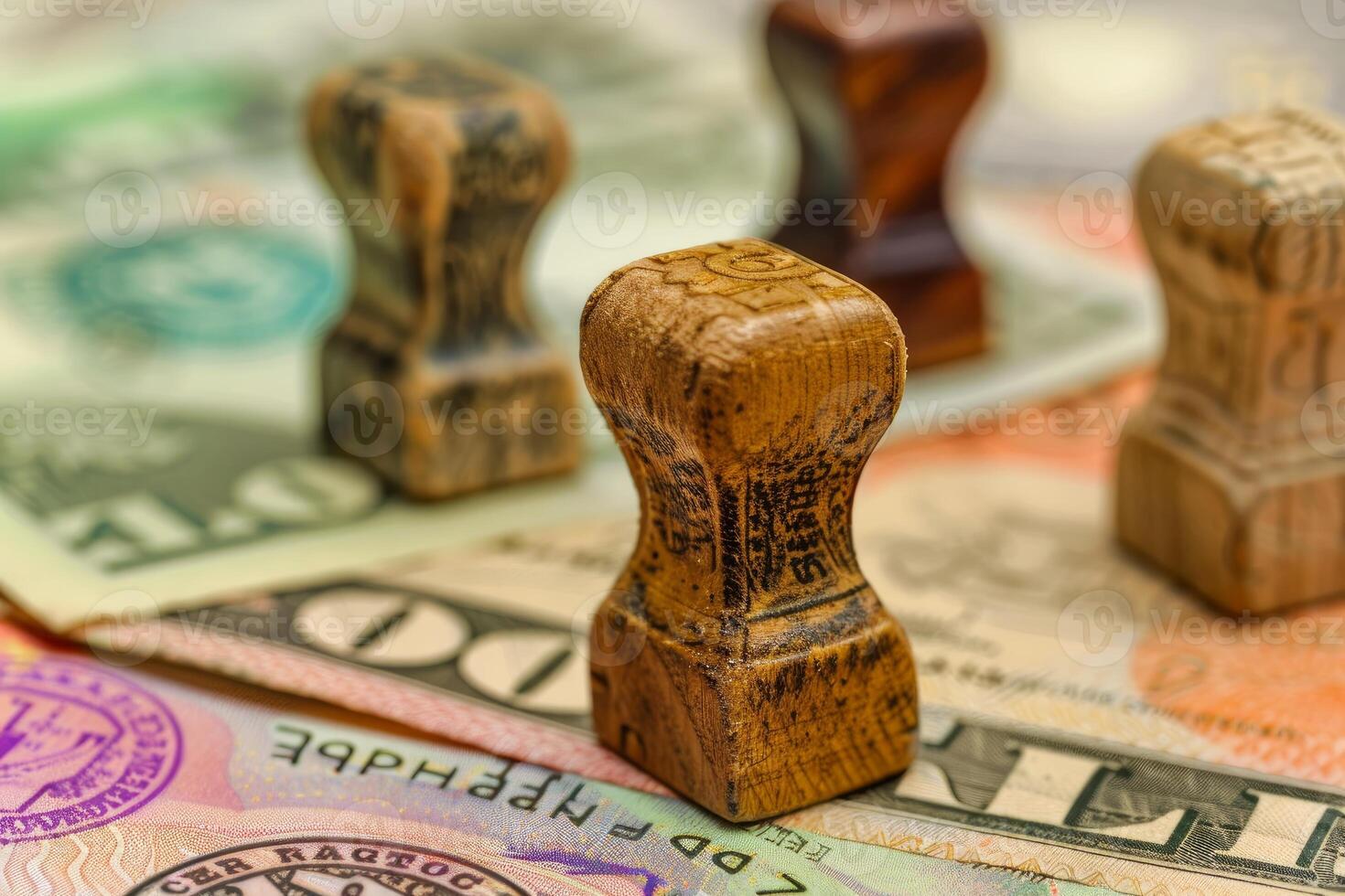 Wooden stamps lying on banknotes symbolizing bureaucracy photo