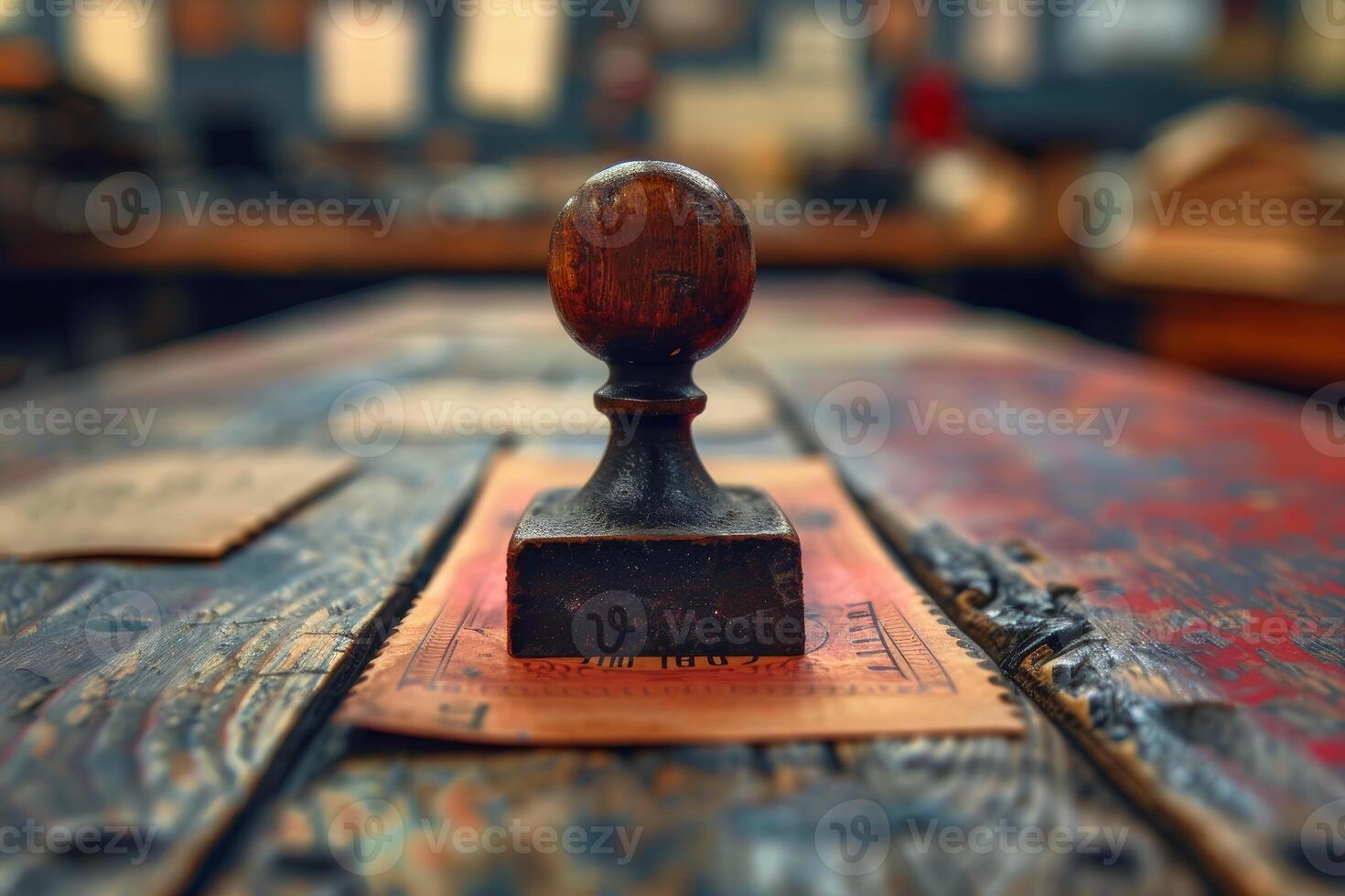 Old wooden and metal stamper on top of a vintage ticket in a workshop photo